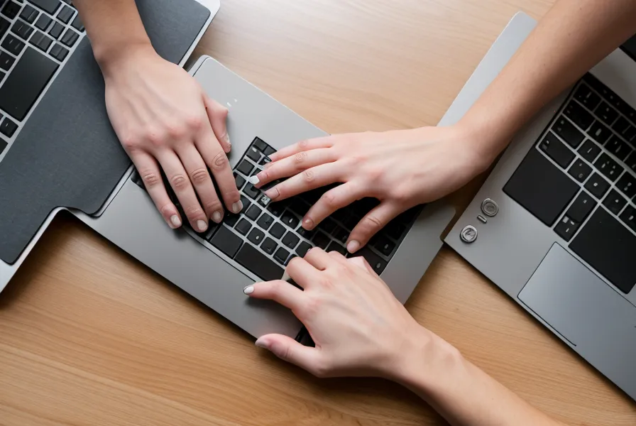 Gros plan sur les mains d'un employé de bureau tapant sur un clavier d'ordinateur.